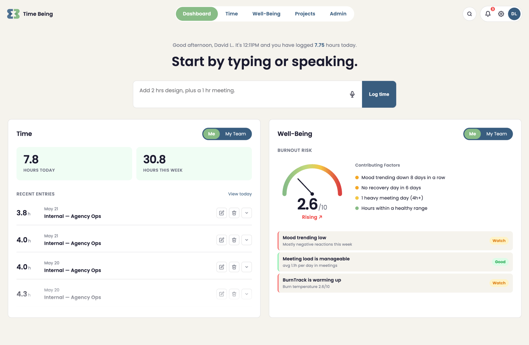 Time Being dashboard