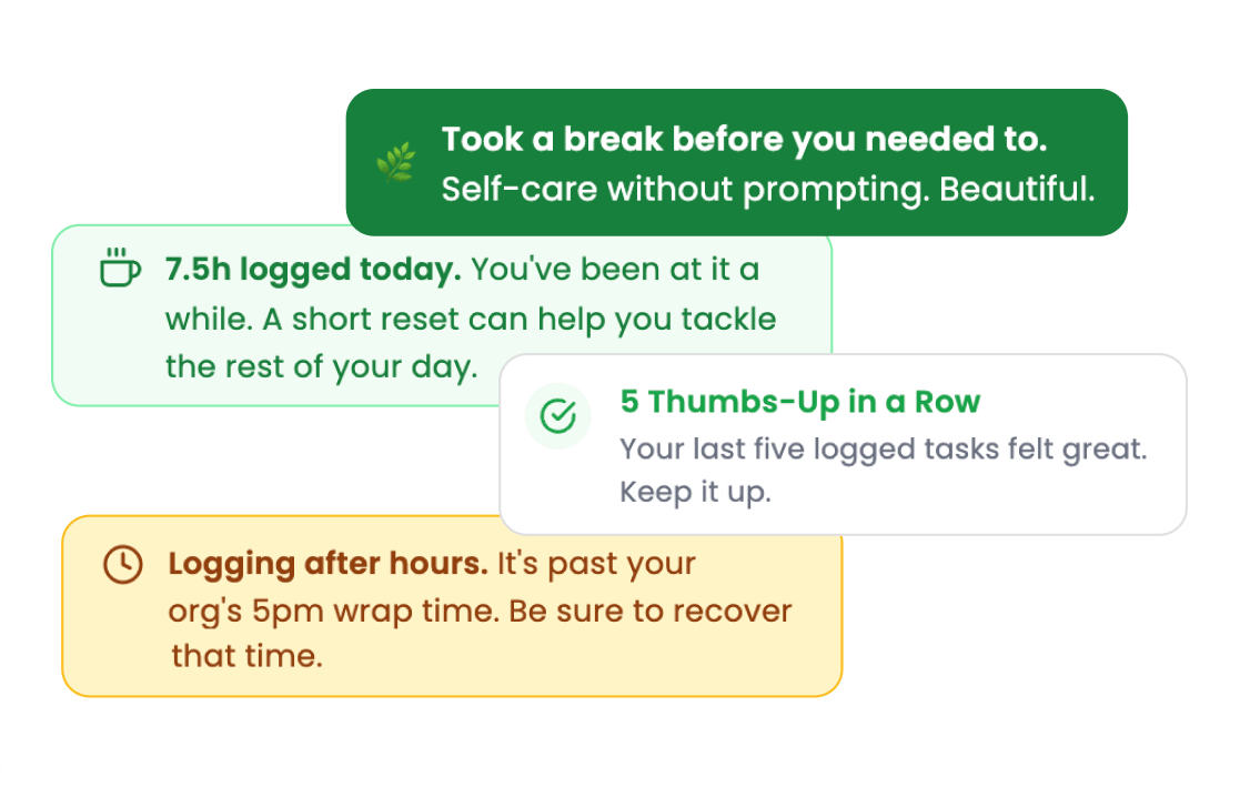 A gentle in-app Time Being nudge suggesting a short break, with a take-five action button.