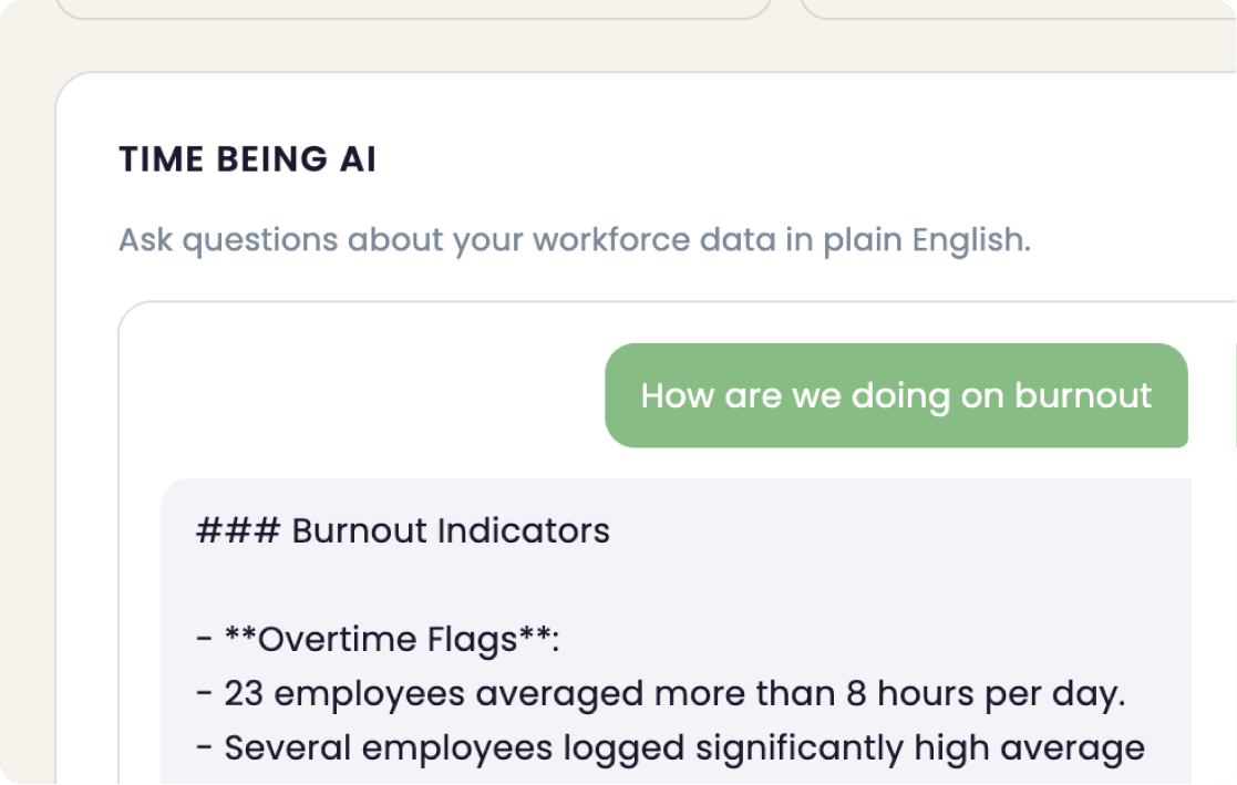 A Time Being report visualizing hours by project and team, with well-being signals layered on the same chart.