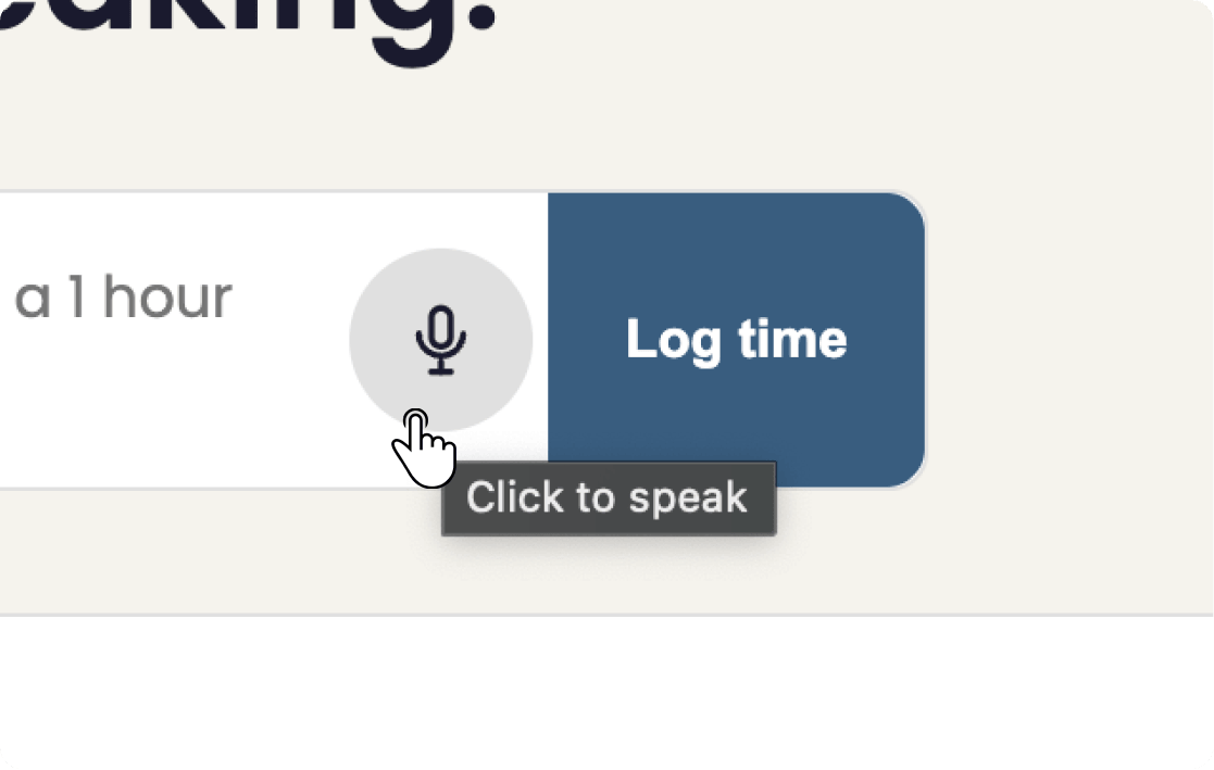 Time Being's AI-assisted time-entry interface, parsing a natural-language sentence into project, task, and hours.